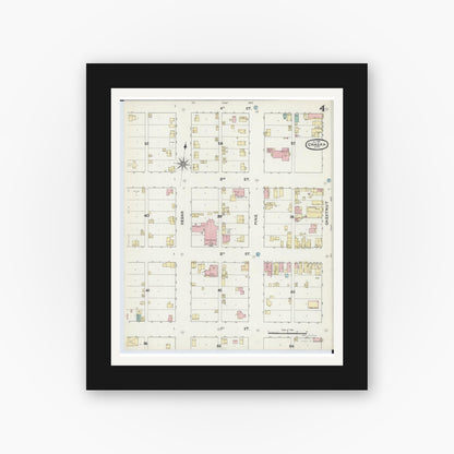 Old map wall art mockup — black gallery frame with white mat — Sanborn Fire Insurance Map from Chaska, Carver County, Minnesota (1891), Sheet #0004