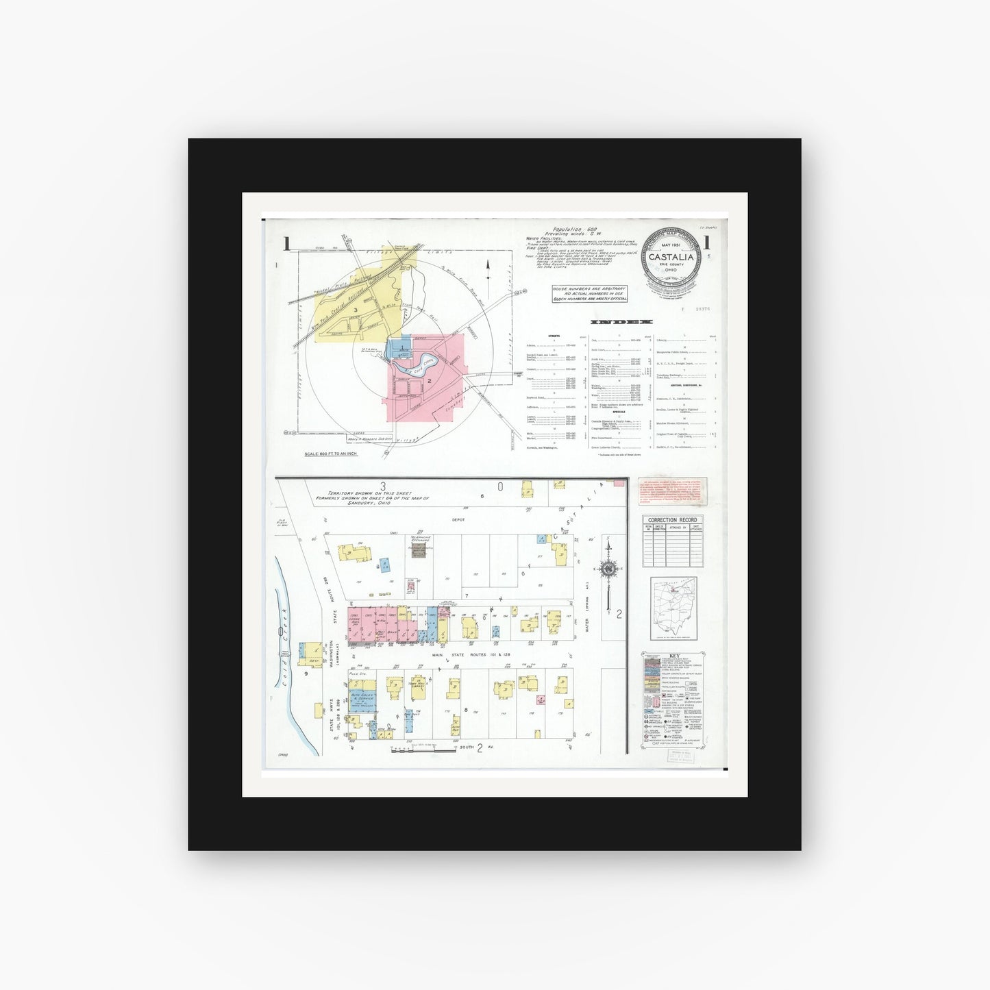 Old map wall art mockup — black gallery frame with white mat — Sanborn Fire Insurance Map from Castalia, Erie County, Ohio (1951) - Complete Map Set