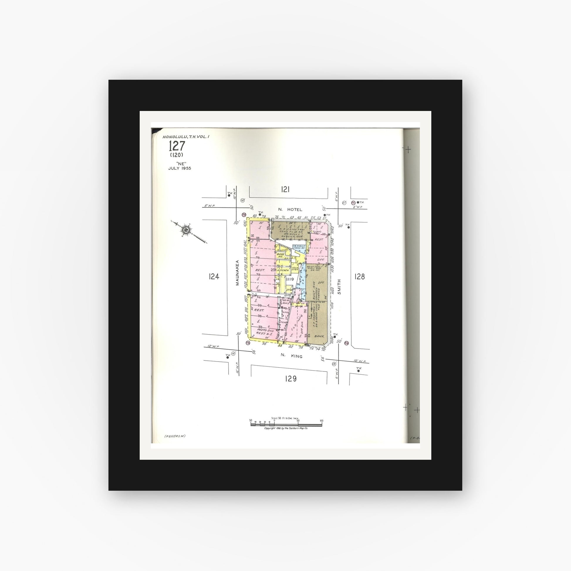 Old map wall art mockup — black gallery frame with white mat — Sanborn Fire Insurance Map from Honolulu, Oahu County, Hawaii (1955), Sheet #0127