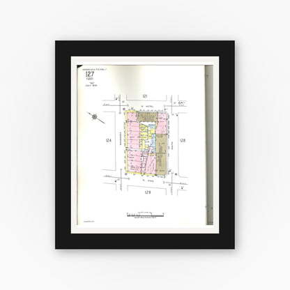 Old map wall art mockup — black gallery frame with white mat — Sanborn Fire Insurance Map from Honolulu, Oahu County, Hawaii (1955), Sheet #0127
