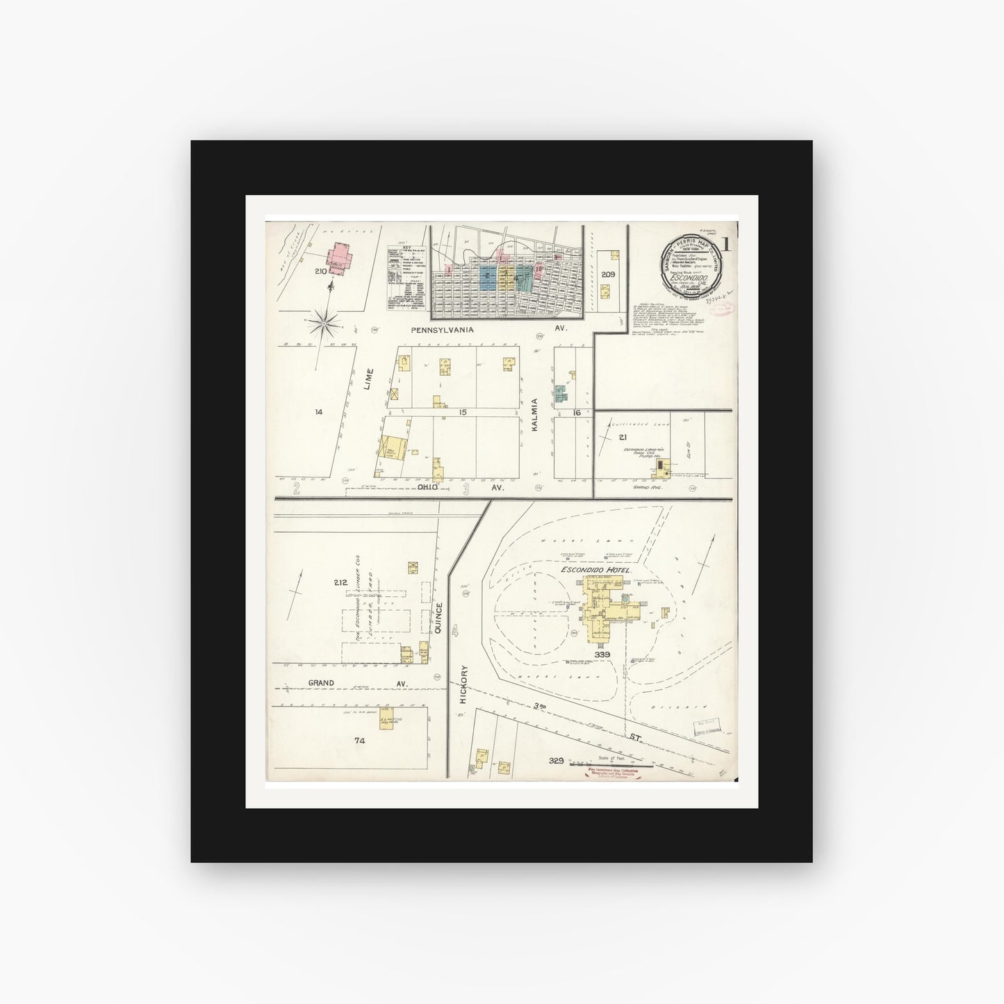 Old map wall art mockup — black gallery frame with white mat — Sanborn Fire Insurance Map from Escondido, San Diego County, California (1892), Sheet #0001