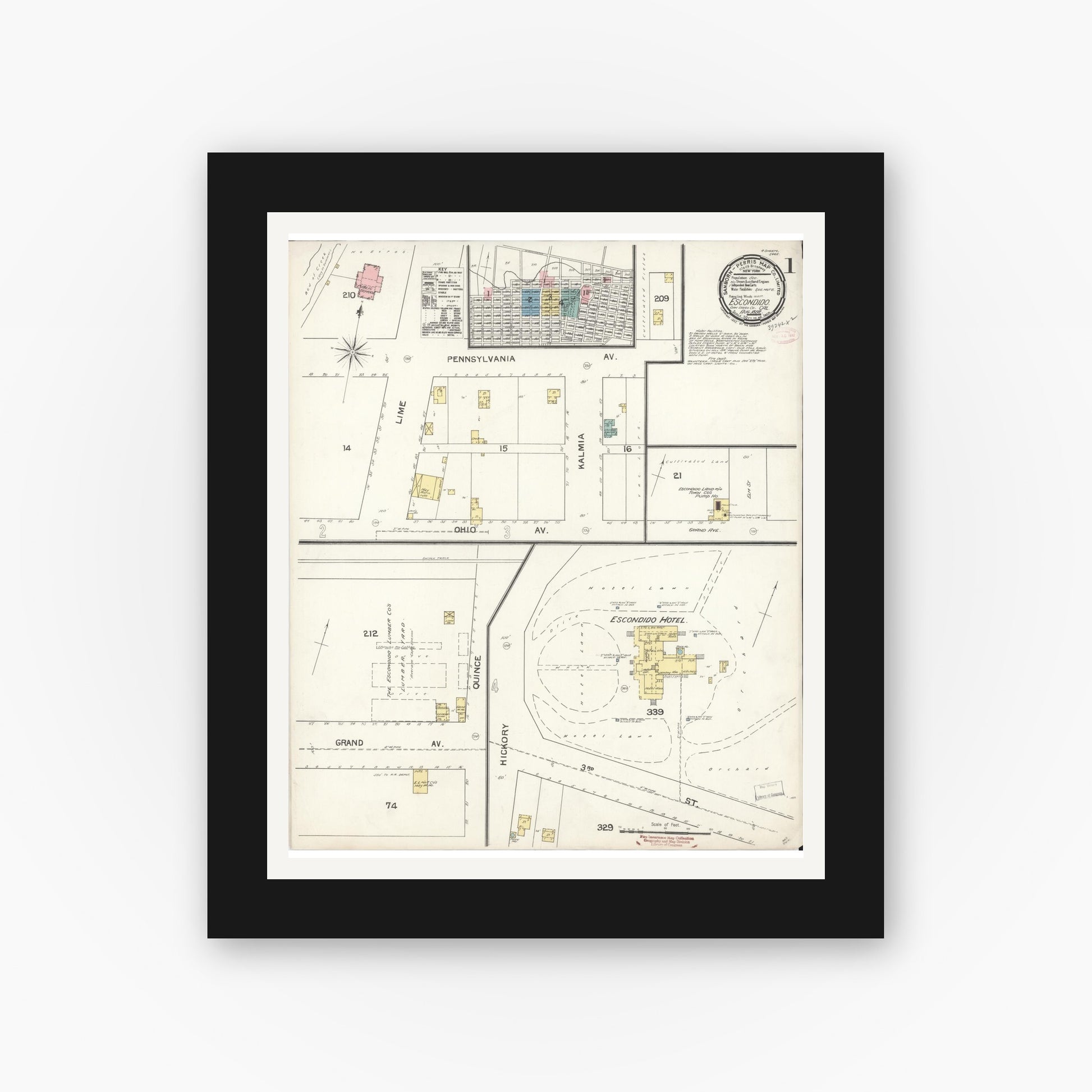 Old map wall art mockup — black gallery frame with white mat — Sanborn Fire Insurance Map from Escondido, San Diego County, California (1892), Sheet #0001