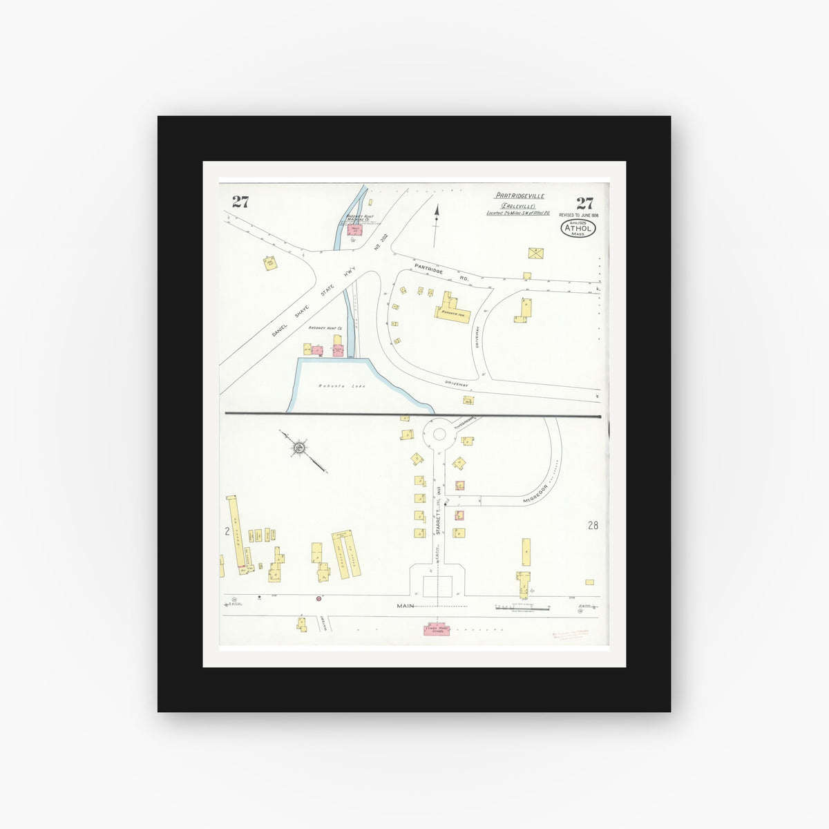 Old map wall art mockup — black gallery frame with white mat — Sanborn Fire Insurance Map from Athol, Worcester County, Massachusetts (1936), Sheet #0027