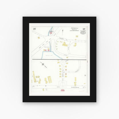 Old map wall art mockup — black gallery frame with white mat — Sanborn Fire Insurance Map from Athol, Worcester County, Massachusetts (1936), Sheet #0027