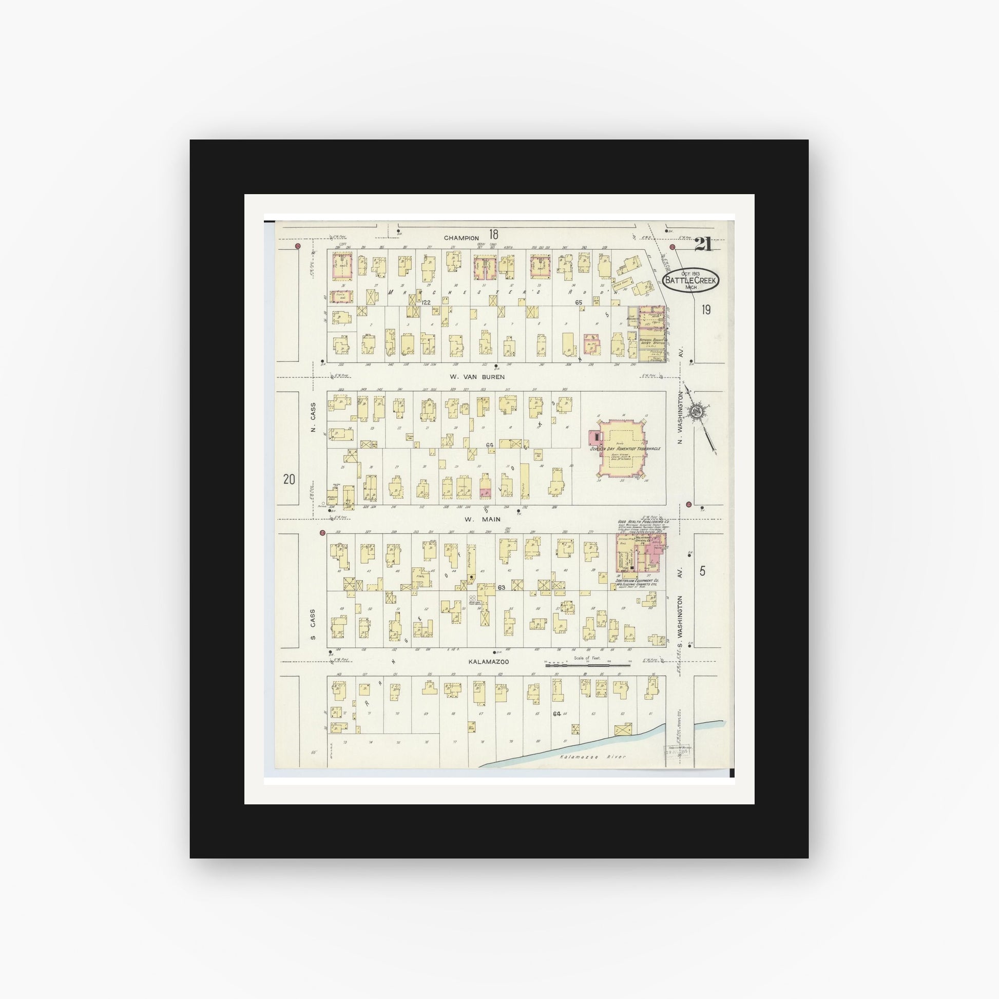 Old map wall art mockup — black gallery frame with white mat — Sanborn Fire Insurance Map from Battle Creek, Calhoun County, Michigan (1913), Sheet #0021