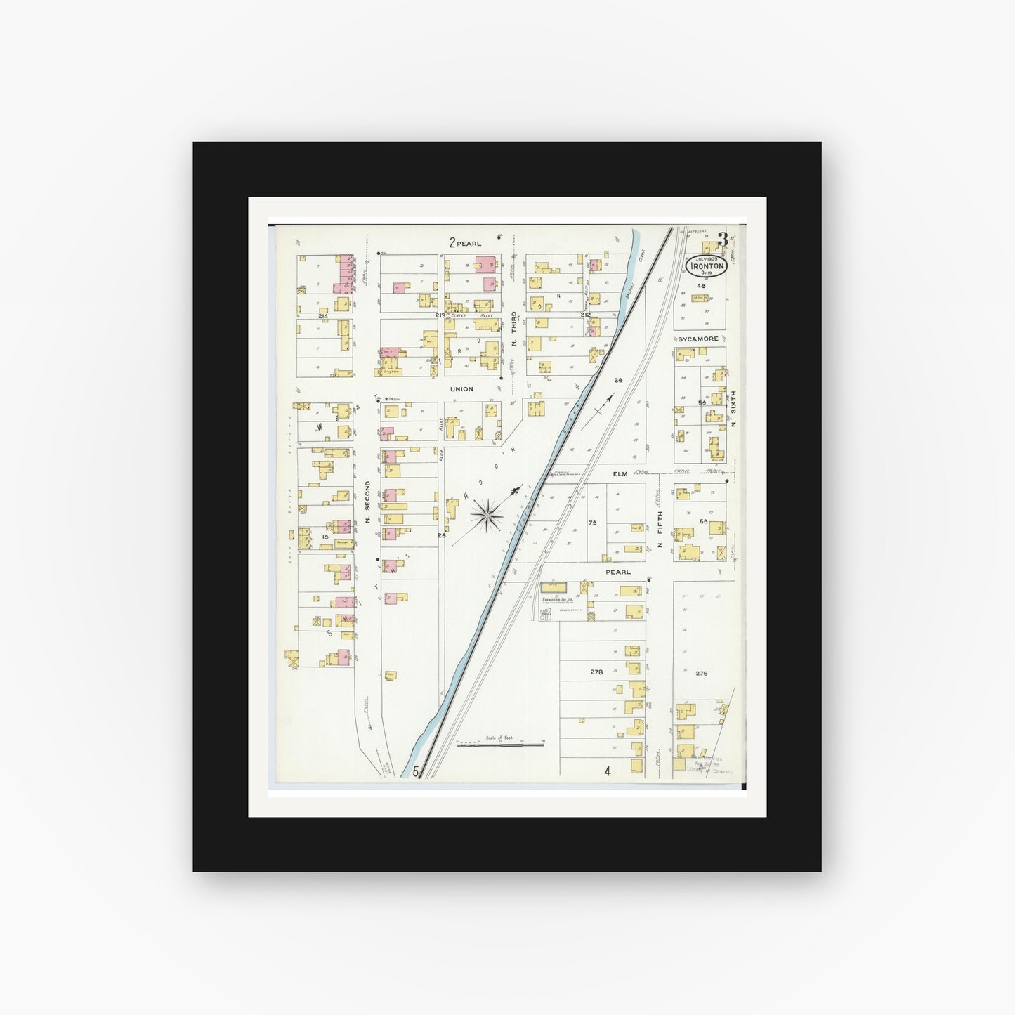 Old map wall art mockup — black gallery frame with white mat — Sanborn Fire Insurance Map from Ironton, Lawrence County, Ohio (1909), Sheet #0003