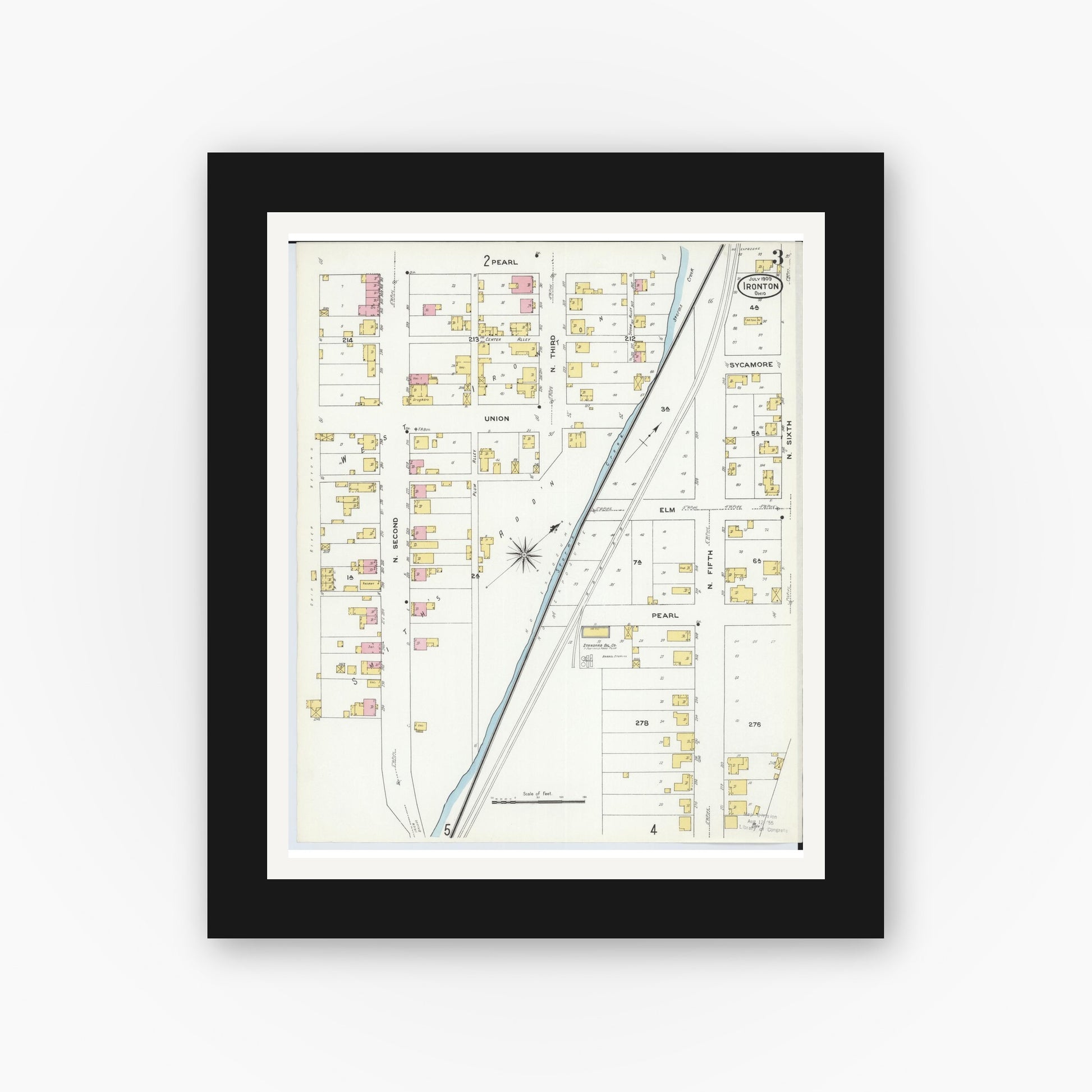 Old map wall art mockup — black gallery frame with white mat — Sanborn Fire Insurance Map from Ironton, Lawrence County, Ohio (1909), Sheet #0003
