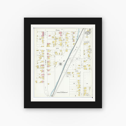 Old map wall art mockup — black gallery frame with white mat — Sanborn Fire Insurance Map from Ironton, Lawrence County, Ohio (1909), Sheet #0003