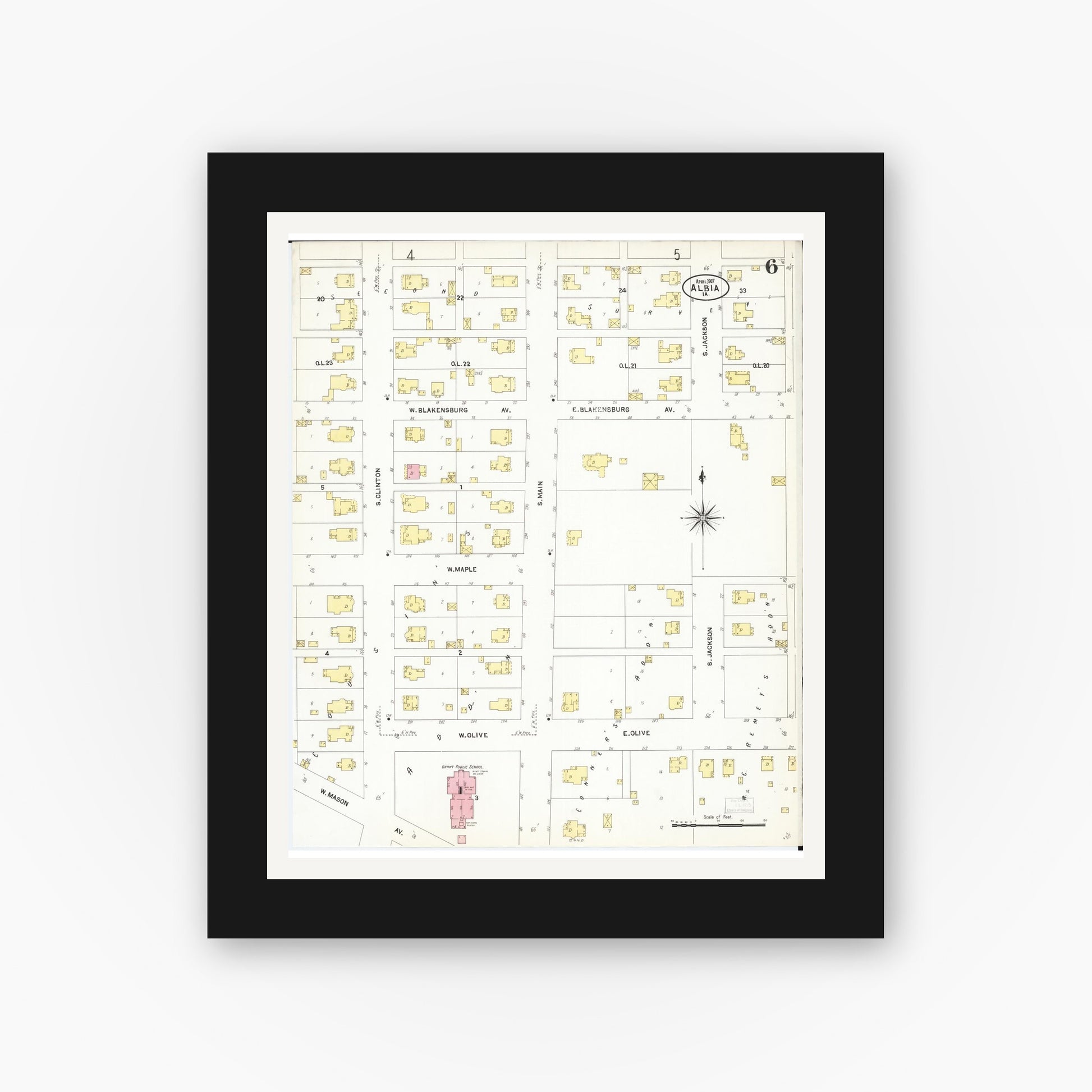 Old map wall art mockup — black gallery frame with white mat — Sanborn Fire Insurance Map from Albia, Monroe County, Iowa (1907), Sheet #0006