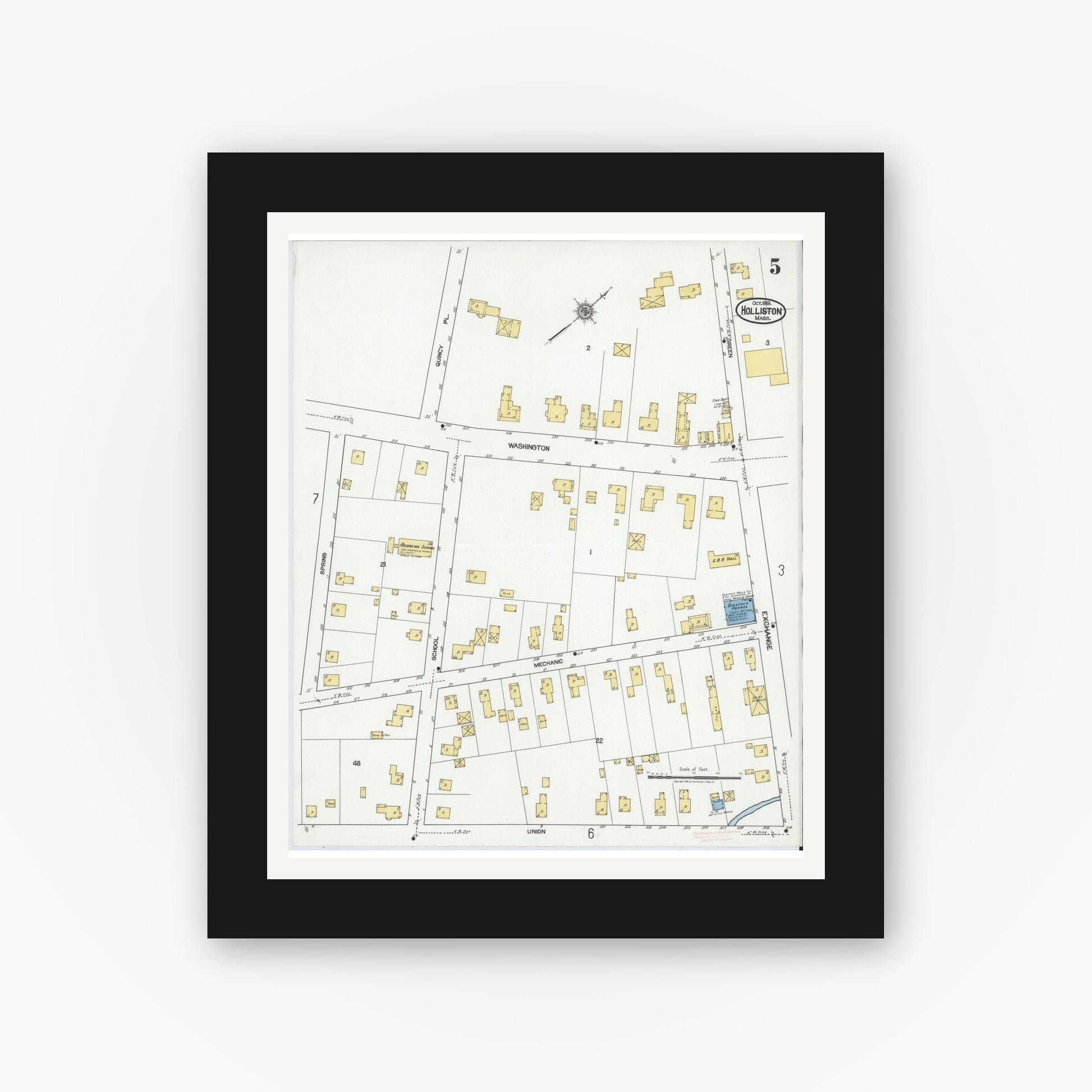 Old map wall art mockup — black gallery frame with white mat — Sanborn Fire Insurance Map from Holliston, Middlesex County, Massachusetts (1919), Sheet #0005