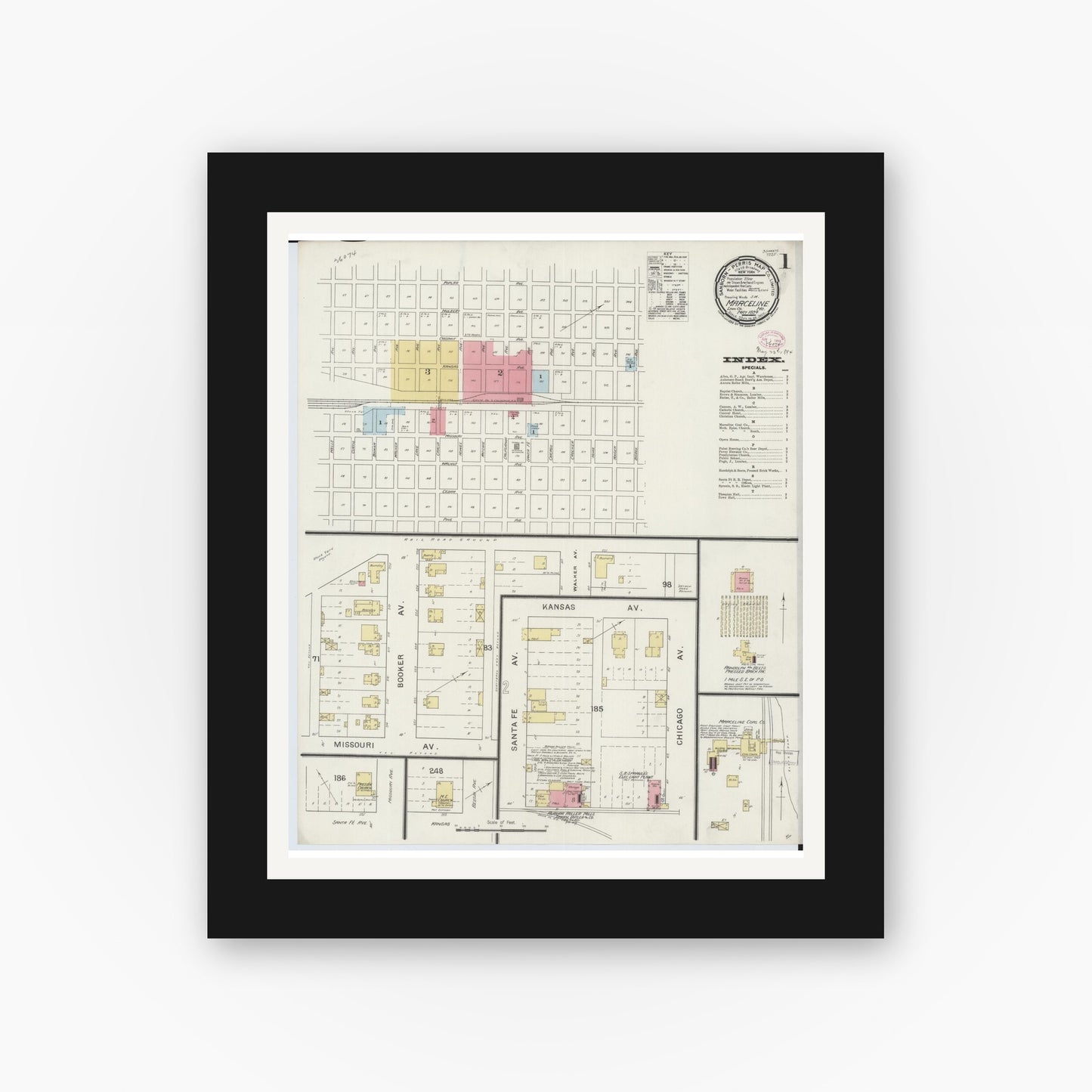 Old map wall art mockup — black gallery frame with white mat — Sanborn Fire Insurance Map from Marceline, Linn County, Missouri (1894) - Complete Map Set