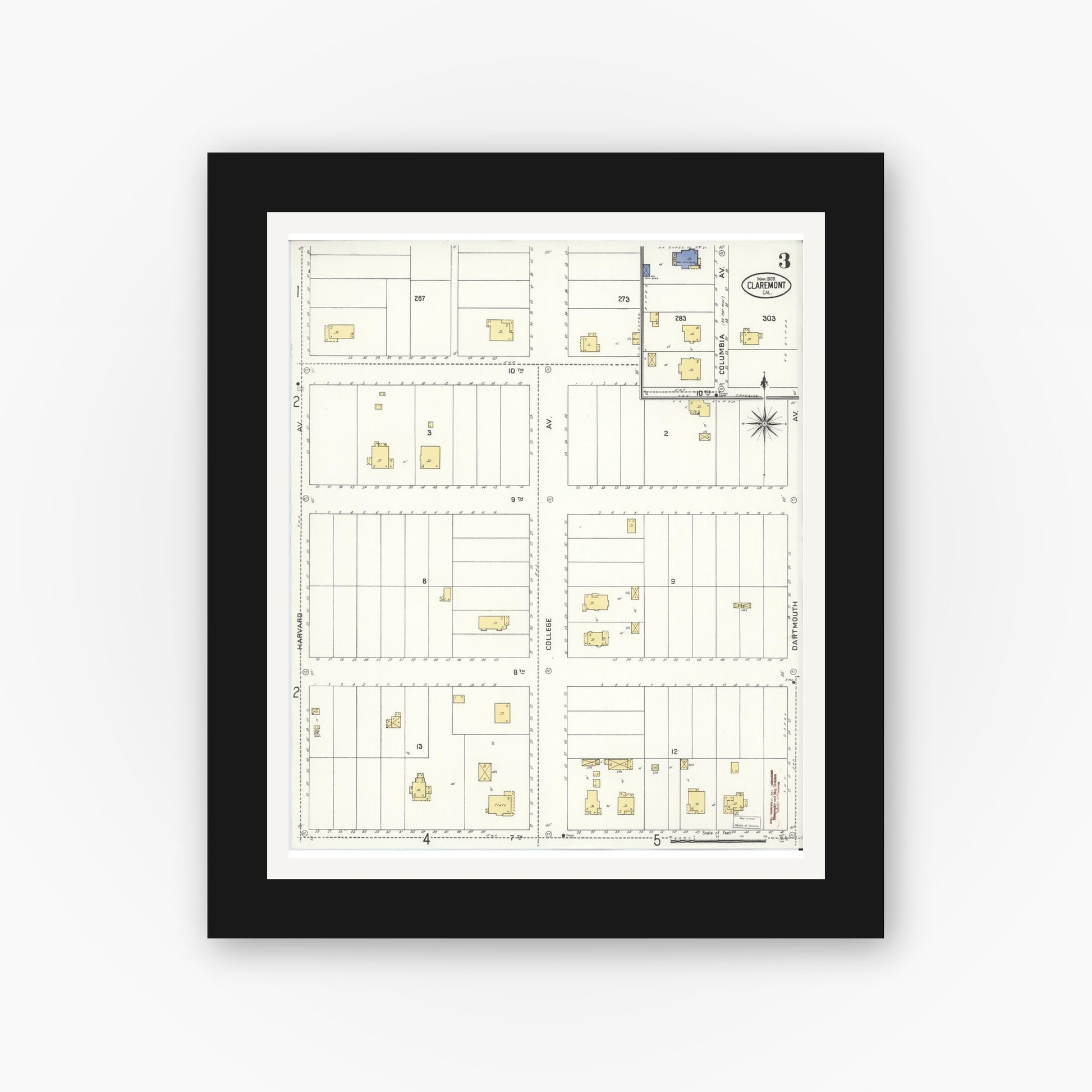 Old map wall art mockup — black gallery frame with white mat — Sanborn Fire Insurance Map from Claremont, Los Angeles County, California (1909), Sheet #0003