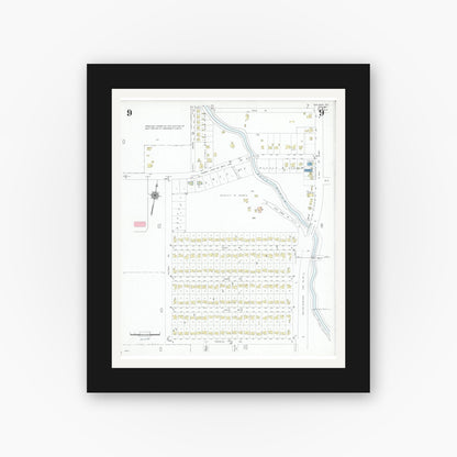 Old map wall art mockup — black gallery frame with white mat — Sanborn Fire Insurance Map from Garland, Dallas County, Texas (1947), Sheet #0009