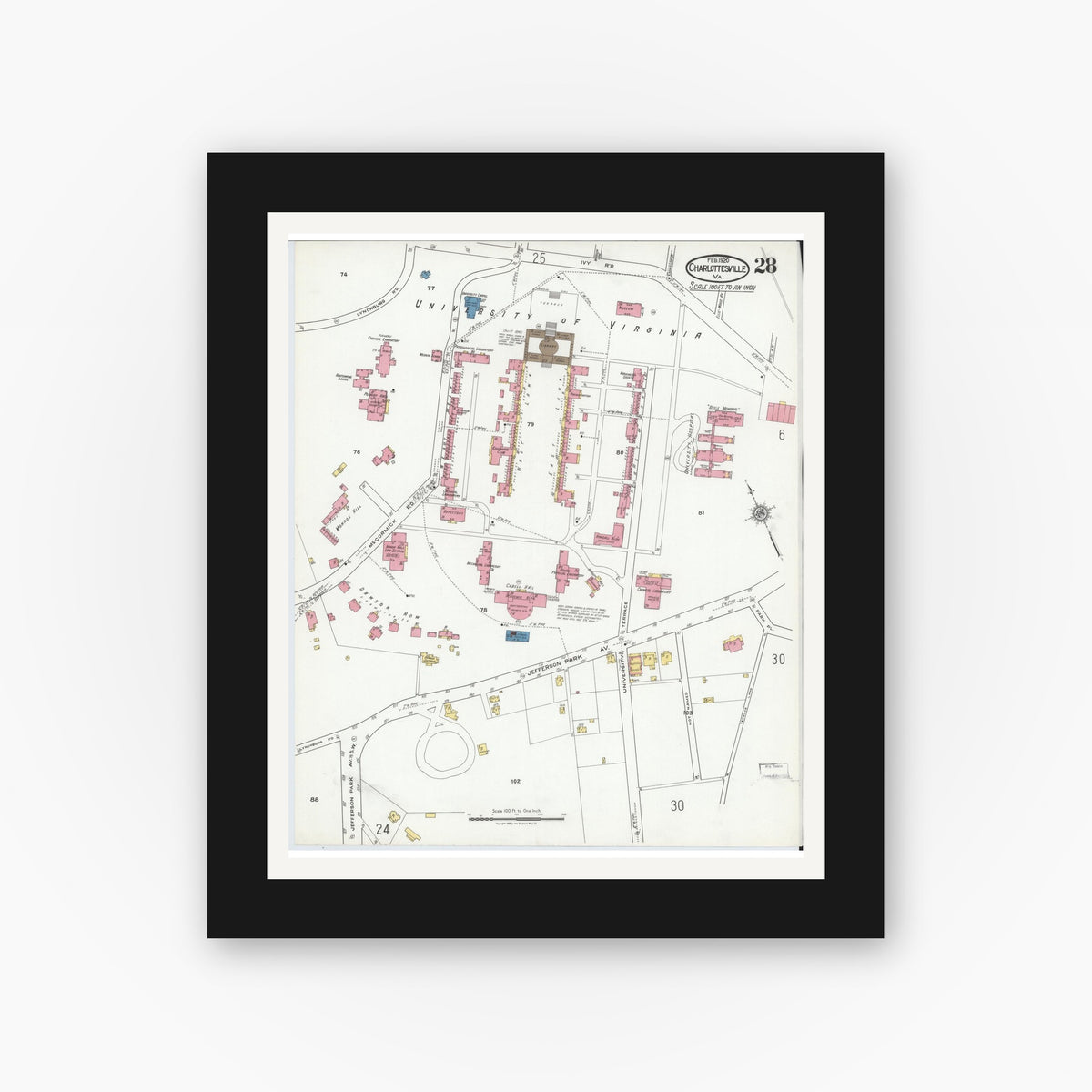 Old map wall art mockup — black gallery frame with white mat — Sanborn Fire Insurance Map from Charlottesville, Independent Cities, Virginia (1920), Sheet #0028