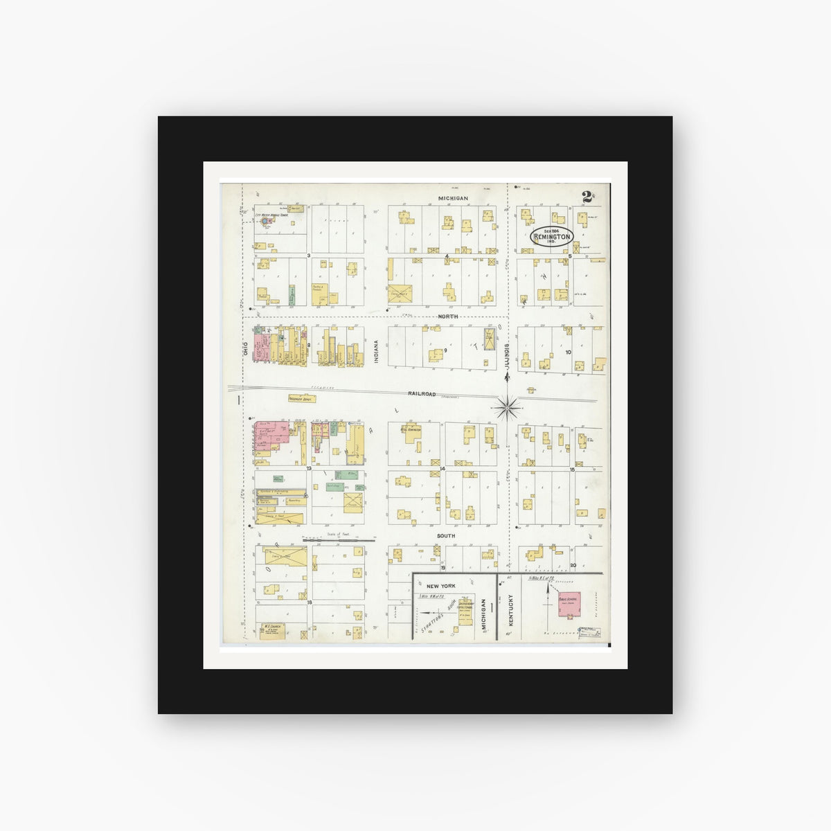 Old map wall art mockup — black gallery frame with white mat — Sanborn Fire Insurance Map from Remington, Jasper County, Indiana (1904), Sheet #0002