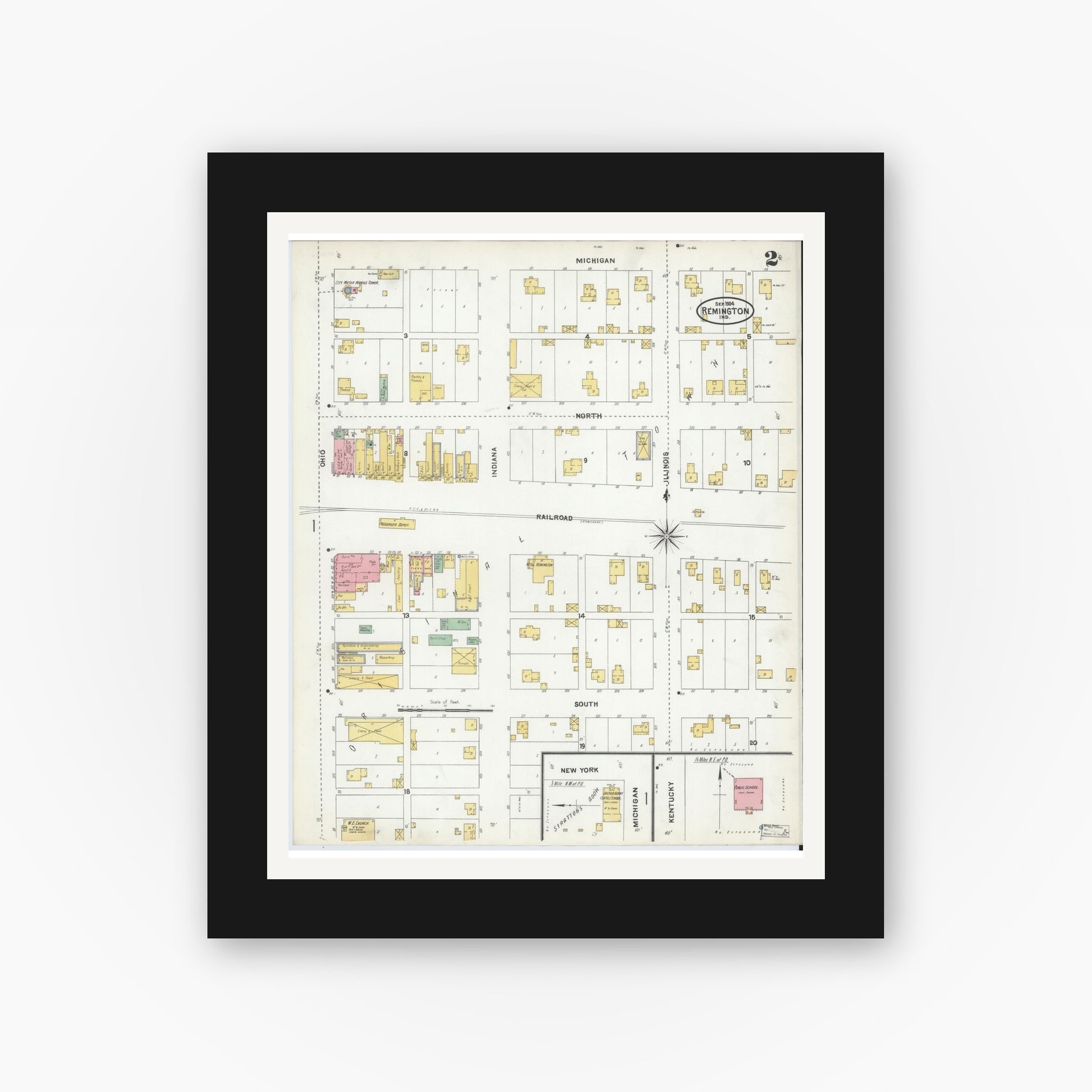Old map wall art mockup — black gallery frame with white mat — Sanborn Fire Insurance Map from Remington, Jasper County, Indiana (1904), Sheet #0002