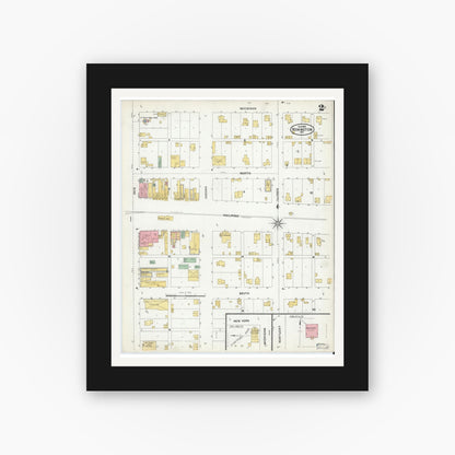 Old map wall art mockup — black gallery frame with white mat — Sanborn Fire Insurance Map from Remington, Jasper County, Indiana (1904), Sheet #0002