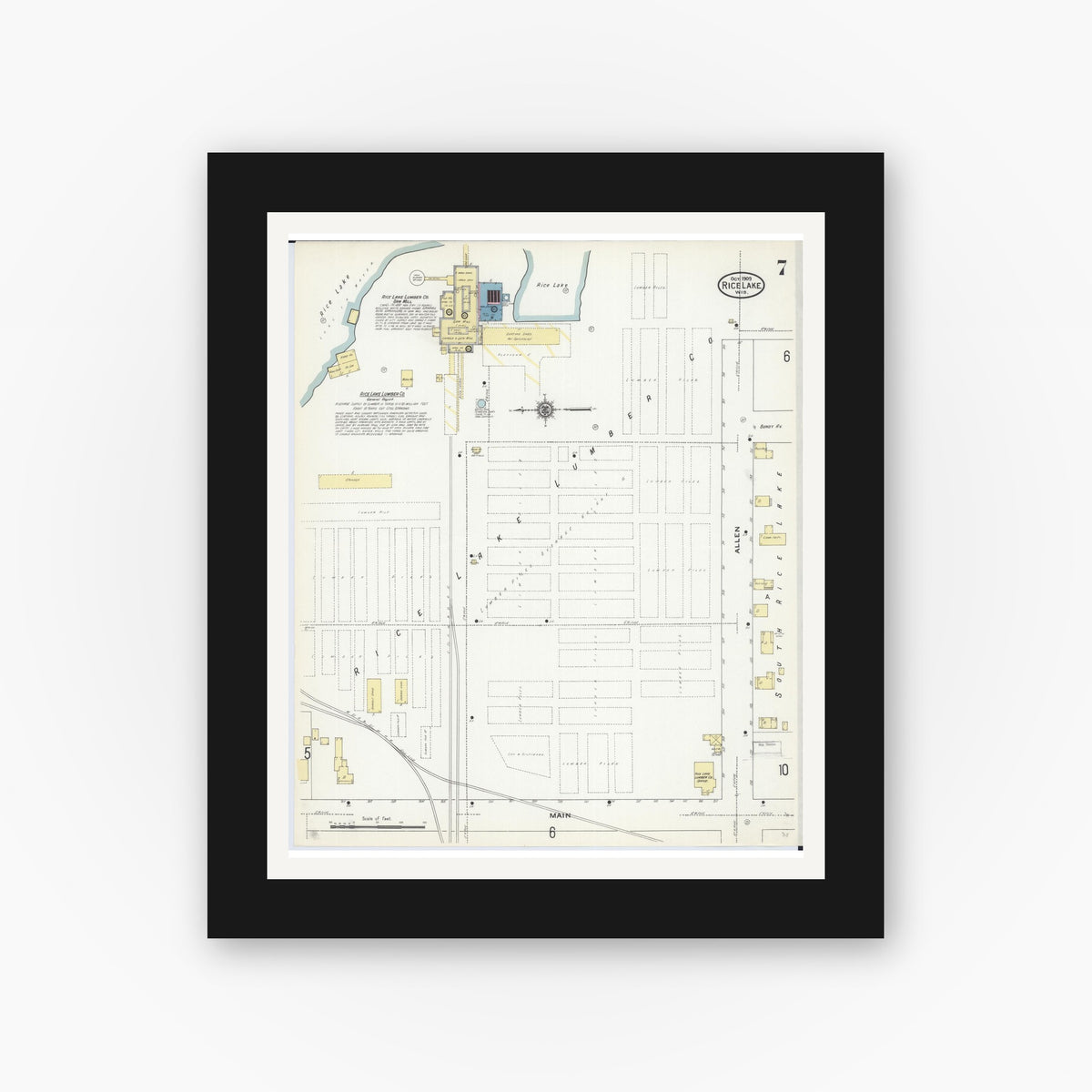 Old map wall art mockup — black gallery frame with white mat — Sanborn Fire Insurance Map from Rice Lake, Barron County, Wisconsin (1909), Sheet #0007
