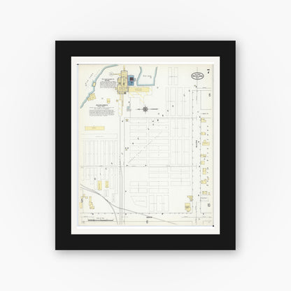 Old map wall art mockup — black gallery frame with white mat — Sanborn Fire Insurance Map from Rice Lake, Barron County, Wisconsin (1909), Sheet #0007