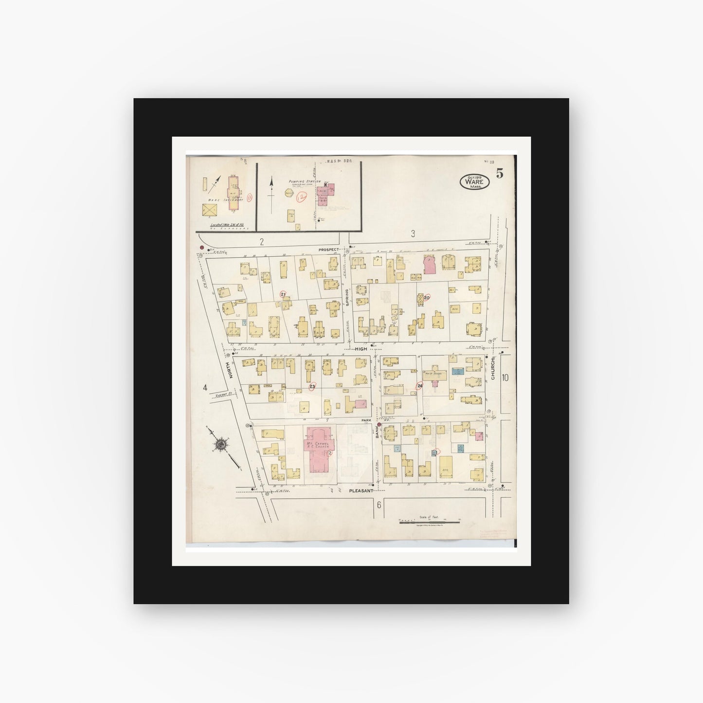 Old map wall art mockup — black gallery frame with white mat — Sanborn Fire Insurance Map from Ware, Hampshire County, Massachusetts (1946), Sheet #0005