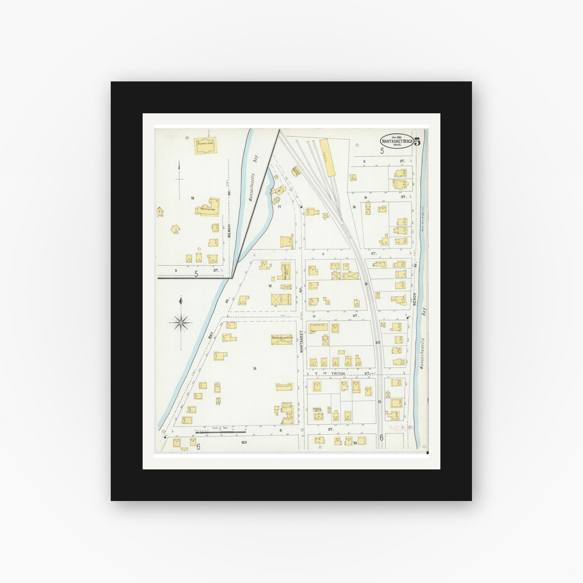 Old map wall art mockup — black gallery frame with white mat — Sanborn Fire Insurance Map from Nantasket Beach, Plymouth County, Massachusetts (1903), Sheet #0005