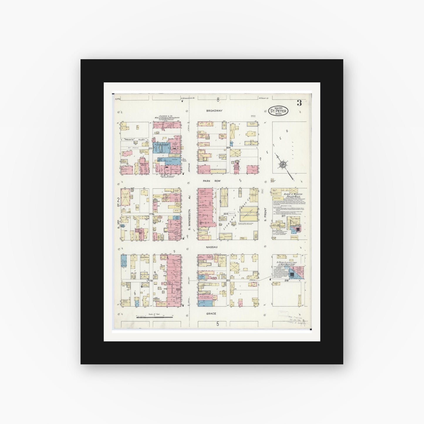 Old map wall art mockup — black gallery frame with white mat — Sanborn Fire Insurance Map from Saint Peter, Nicollet County, Minnesota (1914), Sheet #0003
