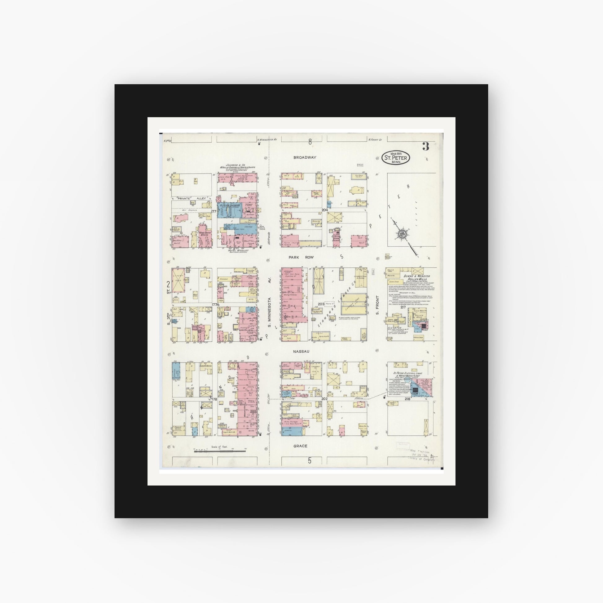 Old map wall art mockup — black gallery frame with white mat — Sanborn Fire Insurance Map from Saint Peter, Nicollet County, Minnesota (1914), Sheet #0003