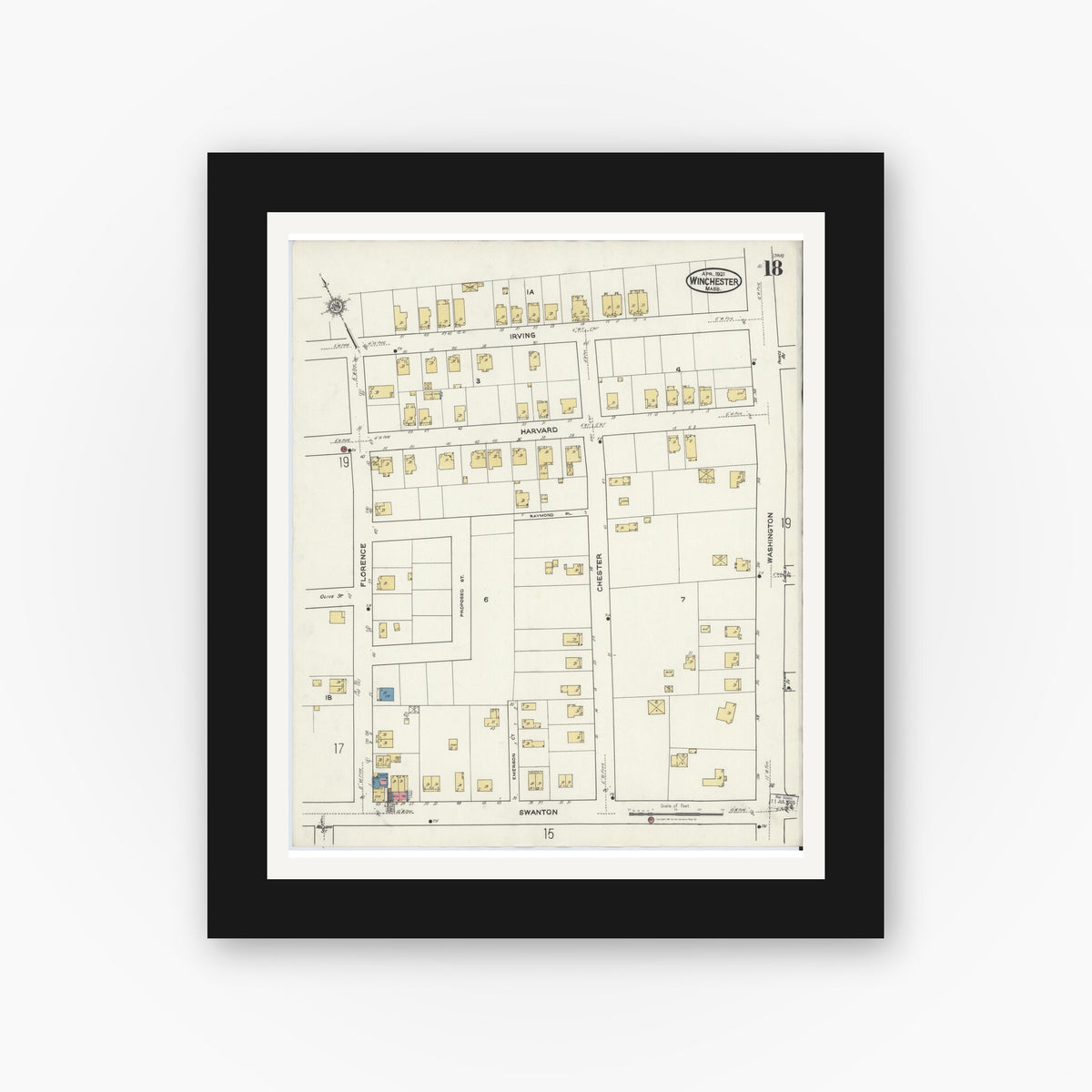 Old map wall art mockup — black gallery frame with white mat — Sanborn Fire Insurance Map from Winchester, Middlesex County, Massachusetts (1921), Sheet #0018