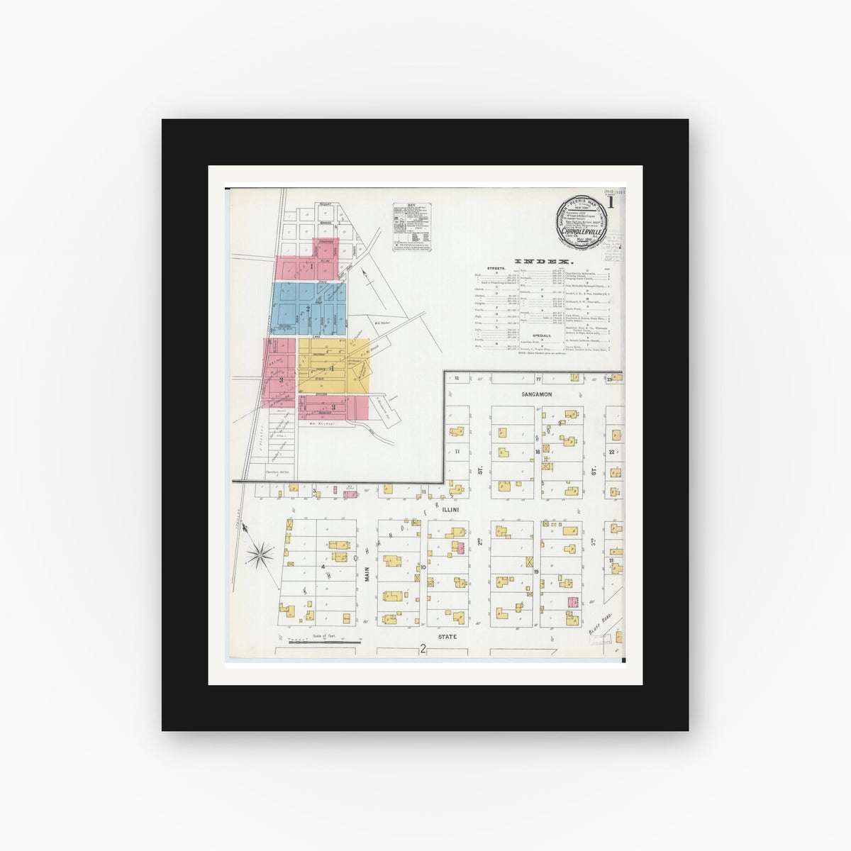 Old map wall art mockup — black gallery frame with white mat — Sanborn Fire Insurance Map from Chandlerville, Cass County, Illinois (1900) - Complete Map Set