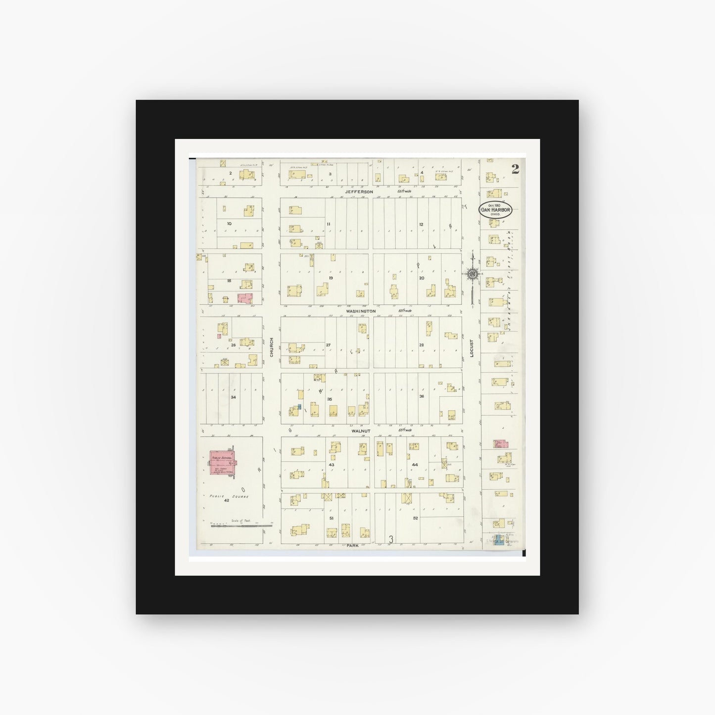 Old map wall art mockup — black gallery frame with white mat — Sanborn Fire Insurance Map from Oak Harbor, Ottawa County, Ohio (1910), Sheet #0002