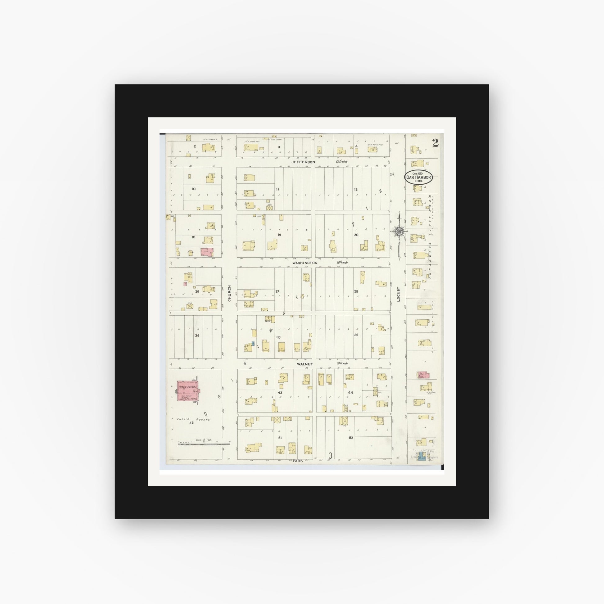 Old map wall art mockup — black gallery frame with white mat — Sanborn Fire Insurance Map from Oak Harbor, Ottawa County, Ohio (1910), Sheet #0002