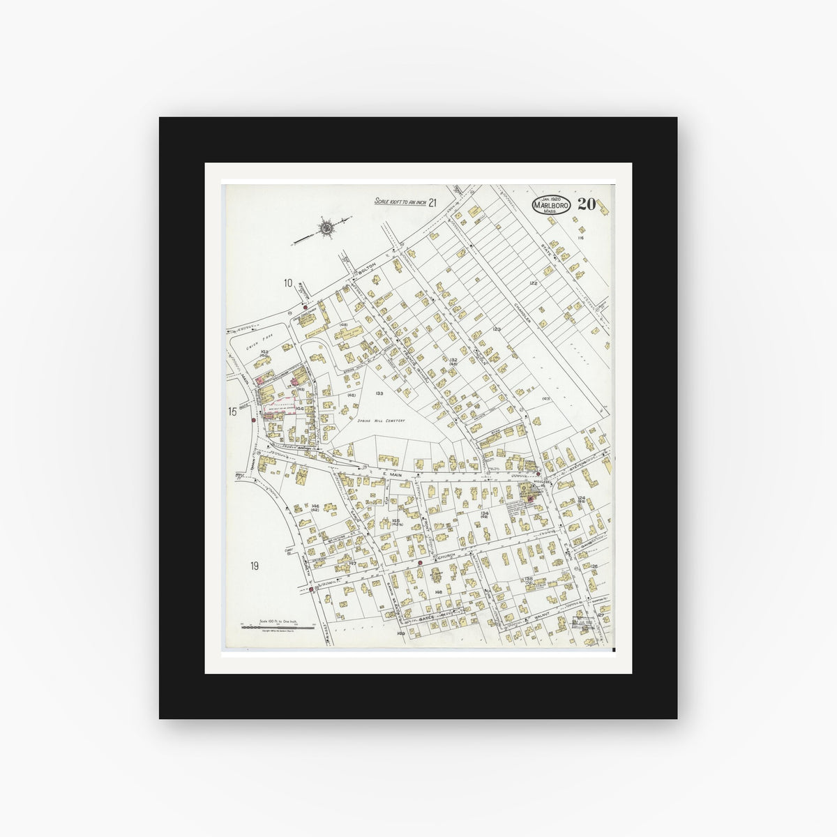 Old map wall art mockup — black gallery frame with white mat — Sanborn Fire Insurance Map from Marlborough, Middlesex County, Massachusetts (1920), Sheet #0020