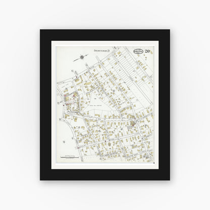 Old map wall art mockup — black gallery frame with white mat — Sanborn Fire Insurance Map from Marlborough, Middlesex County, Massachusetts (1920), Sheet #0020