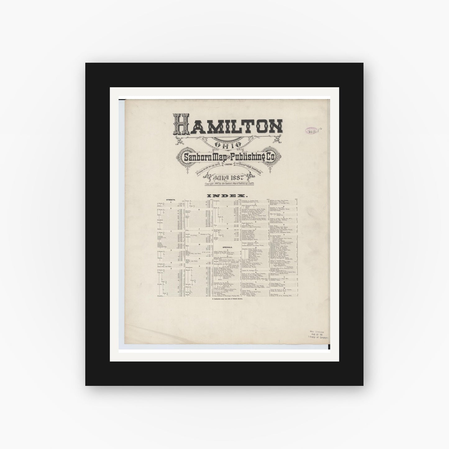 Old map wall art mockup — black gallery frame with white mat — Sanborn Fire Insurance Map from Hamilton, Butler County, Ohio (1887), Sheet #0001