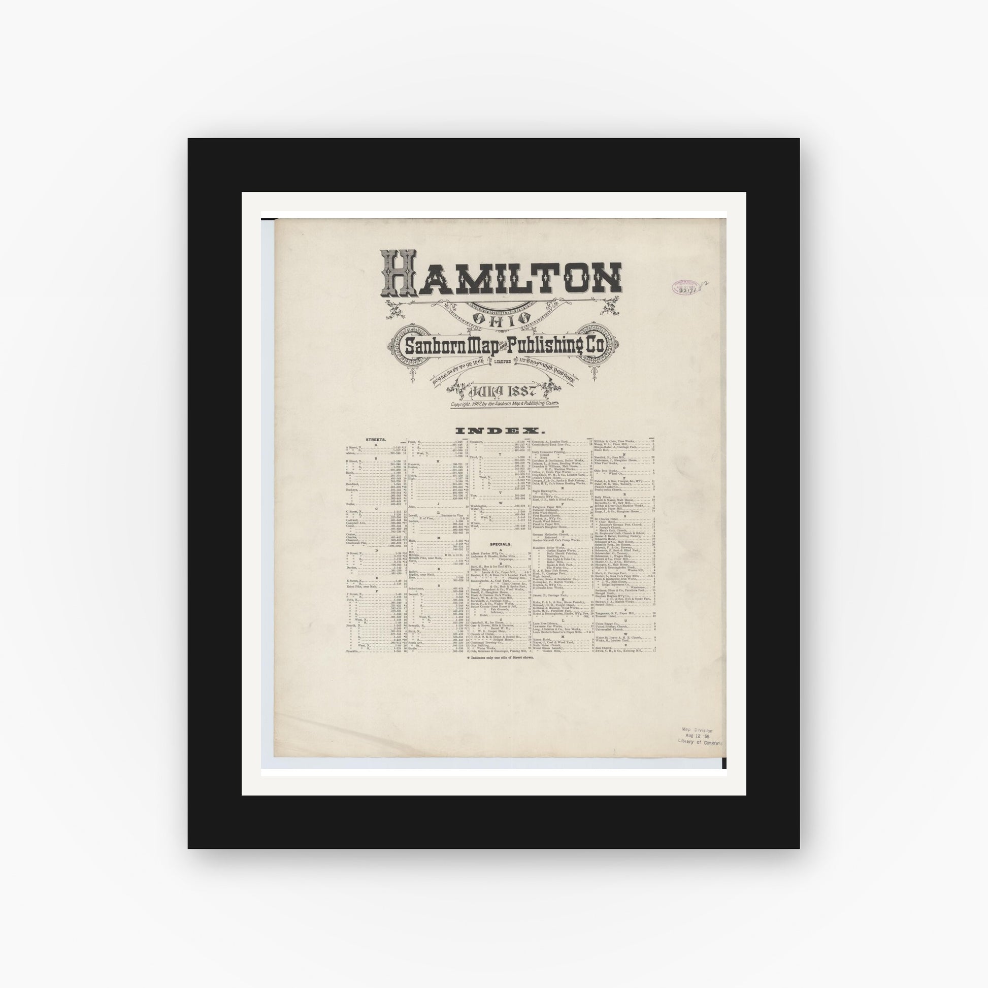 Old map wall art mockup — black gallery frame with white mat — Sanborn Fire Insurance Map from Hamilton, Butler County, Ohio (1887), Sheet #0001