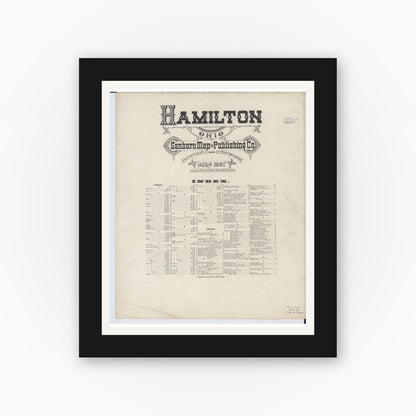 Old map wall art mockup — black gallery frame with white mat — Sanborn Fire Insurance Map from Hamilton, Butler County, Ohio (1887), Sheet #0001