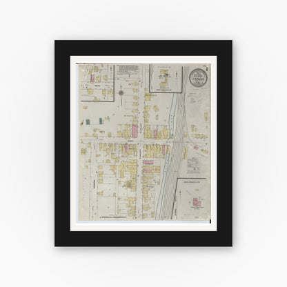 Old map wall art mockup — black gallery frame with white mat — Sanborn Fire Insurance Map from Corning, Perry County, Ohio (1909), Sheet #0001