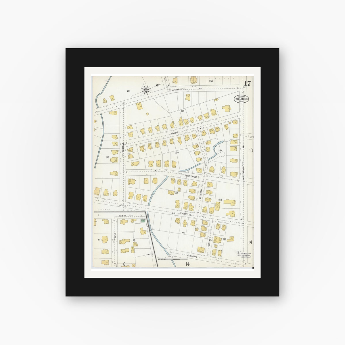 Old map wall art mockup — black gallery frame with white mat — Sanborn Fire Insurance Map from Melrose, Middlesex County, Massachusetts (1903), Sheet #0017