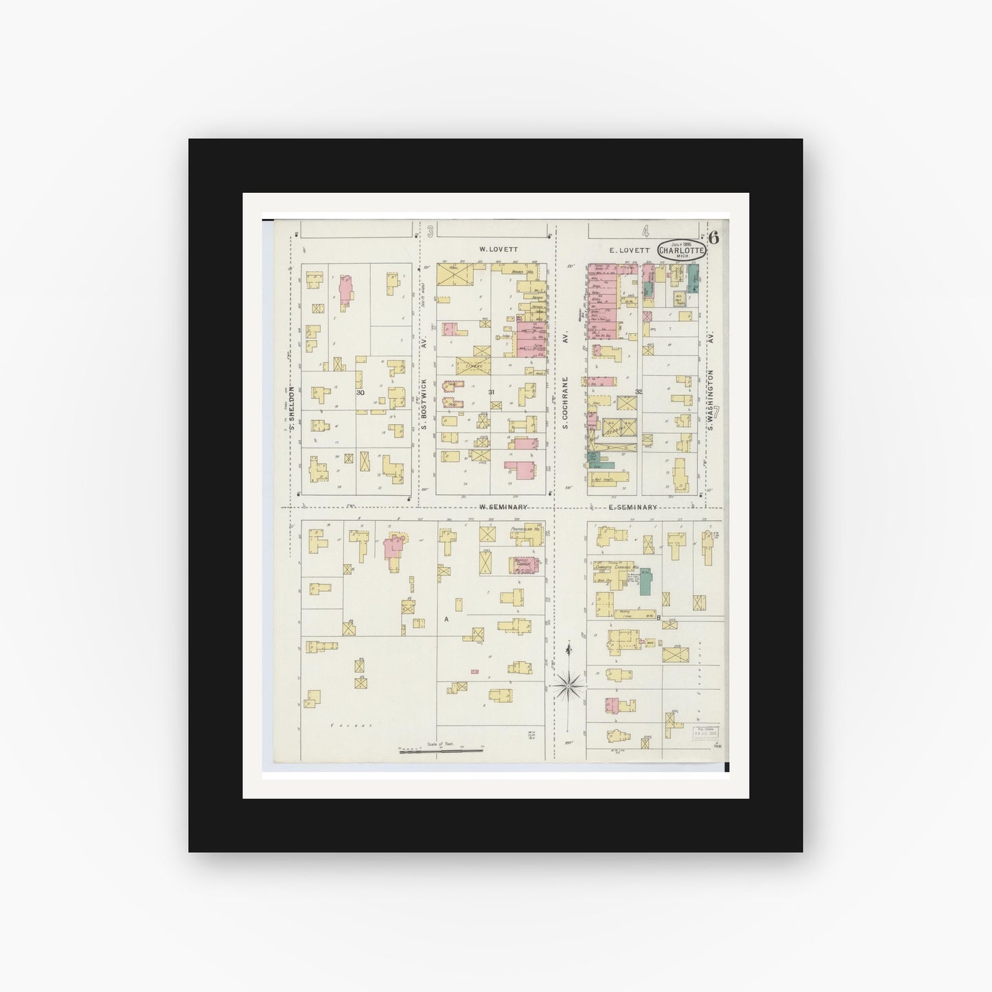 Old map wall art mockup — black gallery frame with white mat — Sanborn Fire Insurance Map from Charlotte, Eaton County, Michigan (1895), Sheet #0006