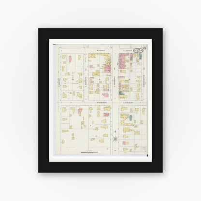 Old map wall art mockup — black gallery frame with white mat — Sanborn Fire Insurance Map from Charlotte, Eaton County, Michigan (1895), Sheet #0006