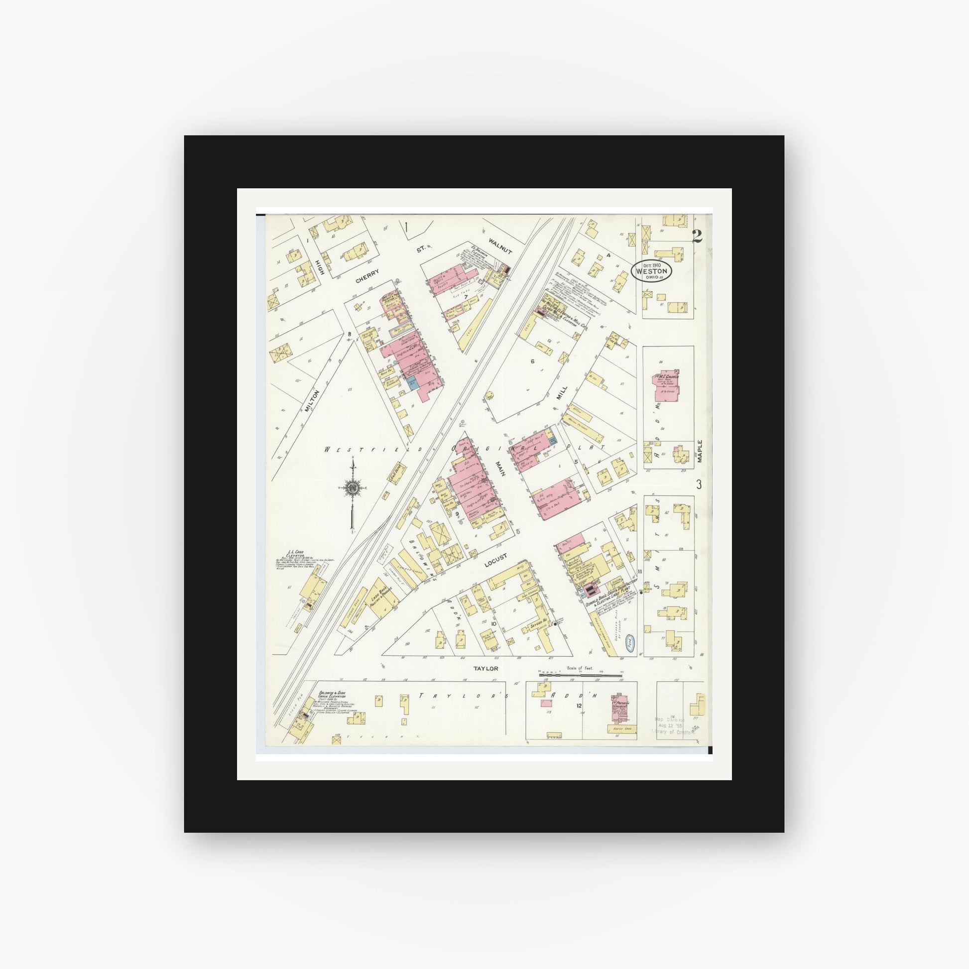 Old map wall art mockup — black gallery frame with white mat — Sanborn Fire Insurance Map from Weston, Wood County, Ohio (1910), Sheet #0002