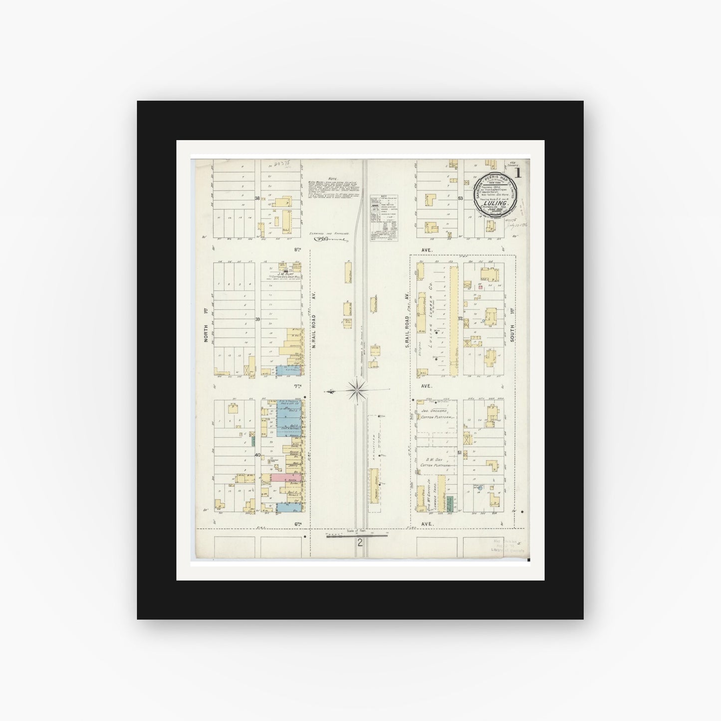 Old map wall art mockup — black gallery frame with white mat — Sanborn Fire Insurance Map from Luling, Caldwell County, Texas (1896), Sheet #0001