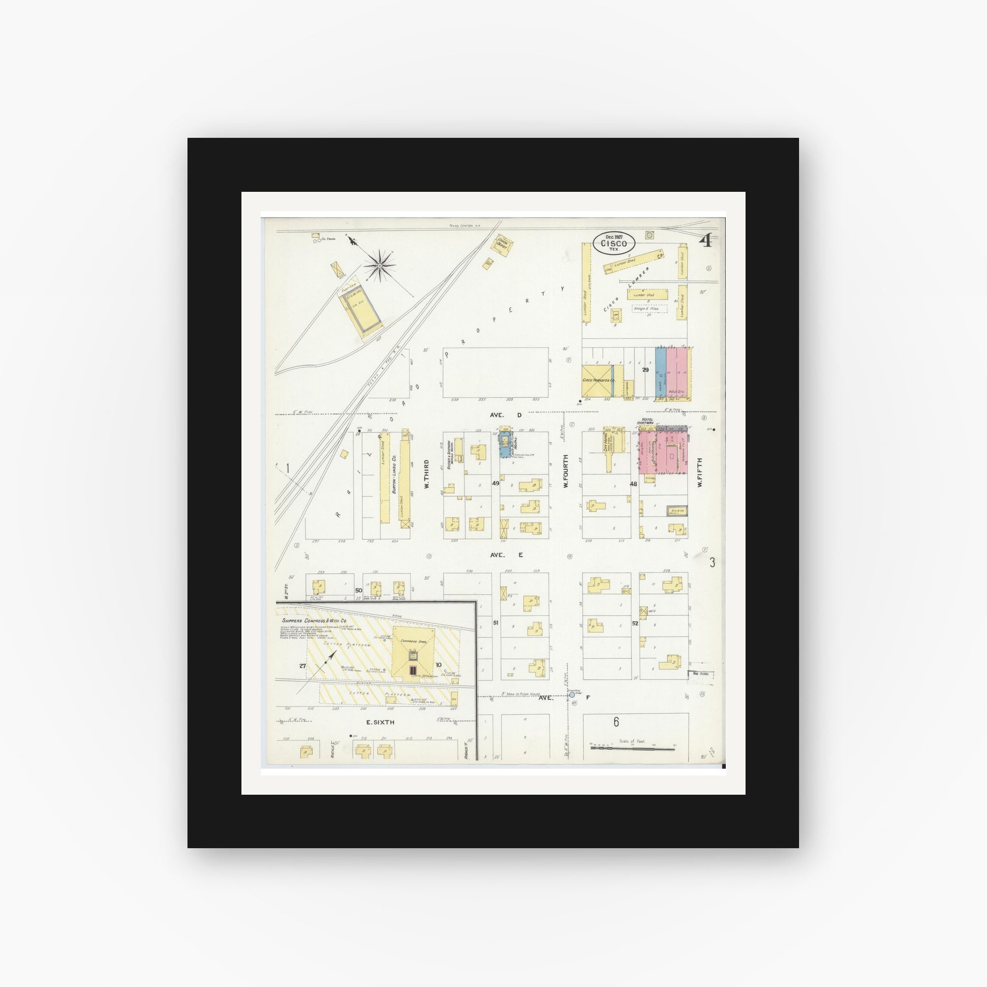 Old map wall art mockup — black gallery frame with white mat — Sanborn Fire Insurance Map from Cisco, Eastland County, Texas (1907), Sheet #0004