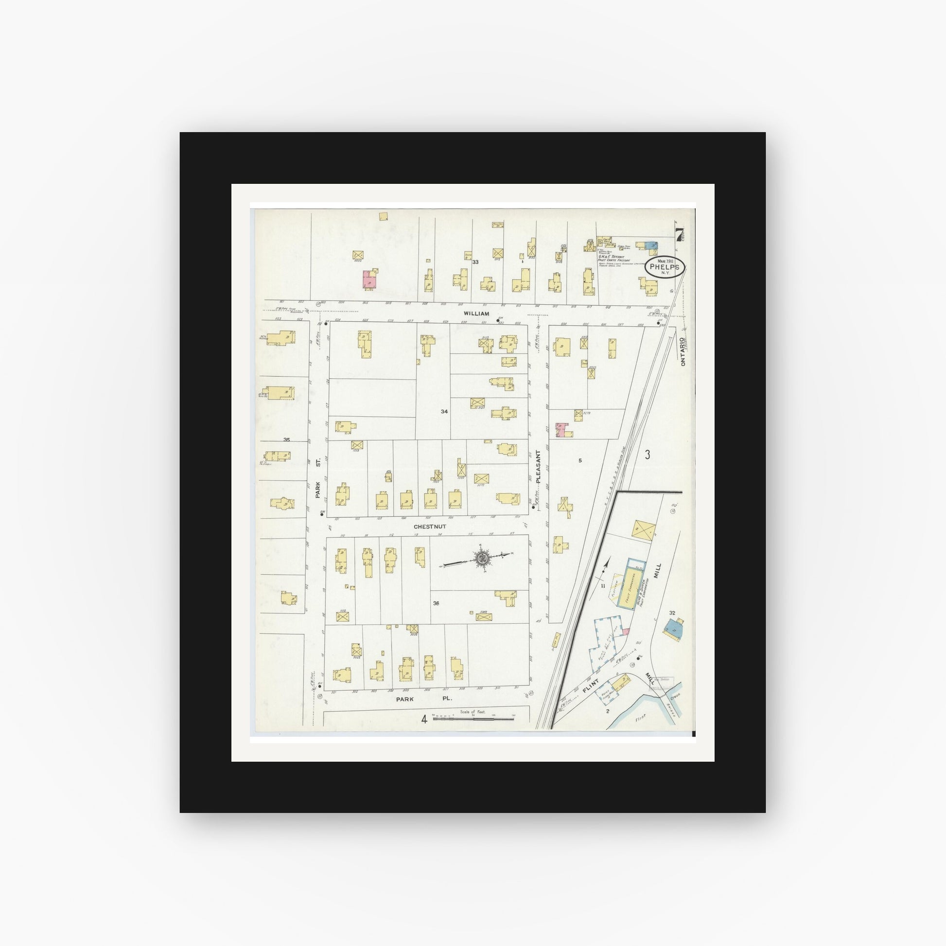 Old map wall art mockup — black gallery frame with white mat — Sanborn Fire Insurance Map from Phelps, Ontario County, New York (1911), Sheet #0007