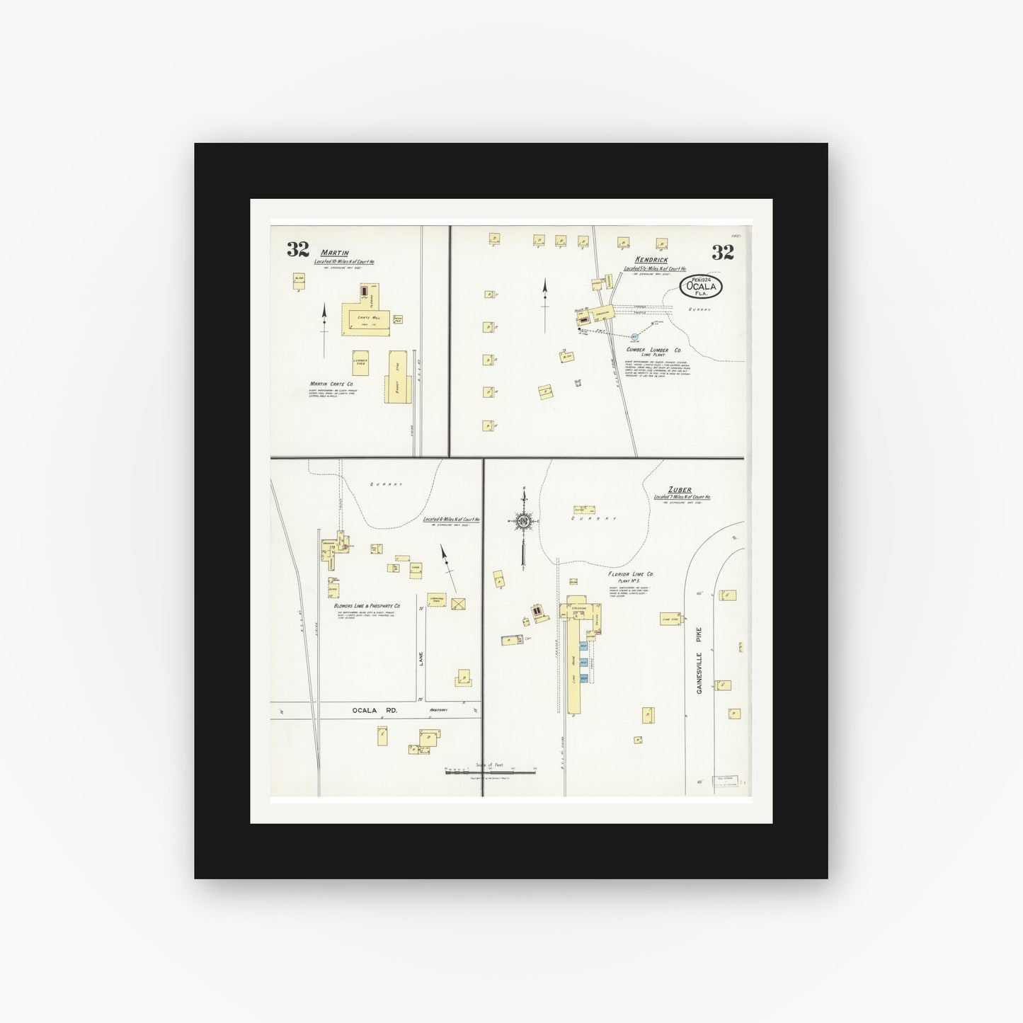 Old map wall art mockup — black gallery frame with white mat — Sanborn Fire Insurance Map from Ocala, Marion County, Florida (1924), Sheet #0032