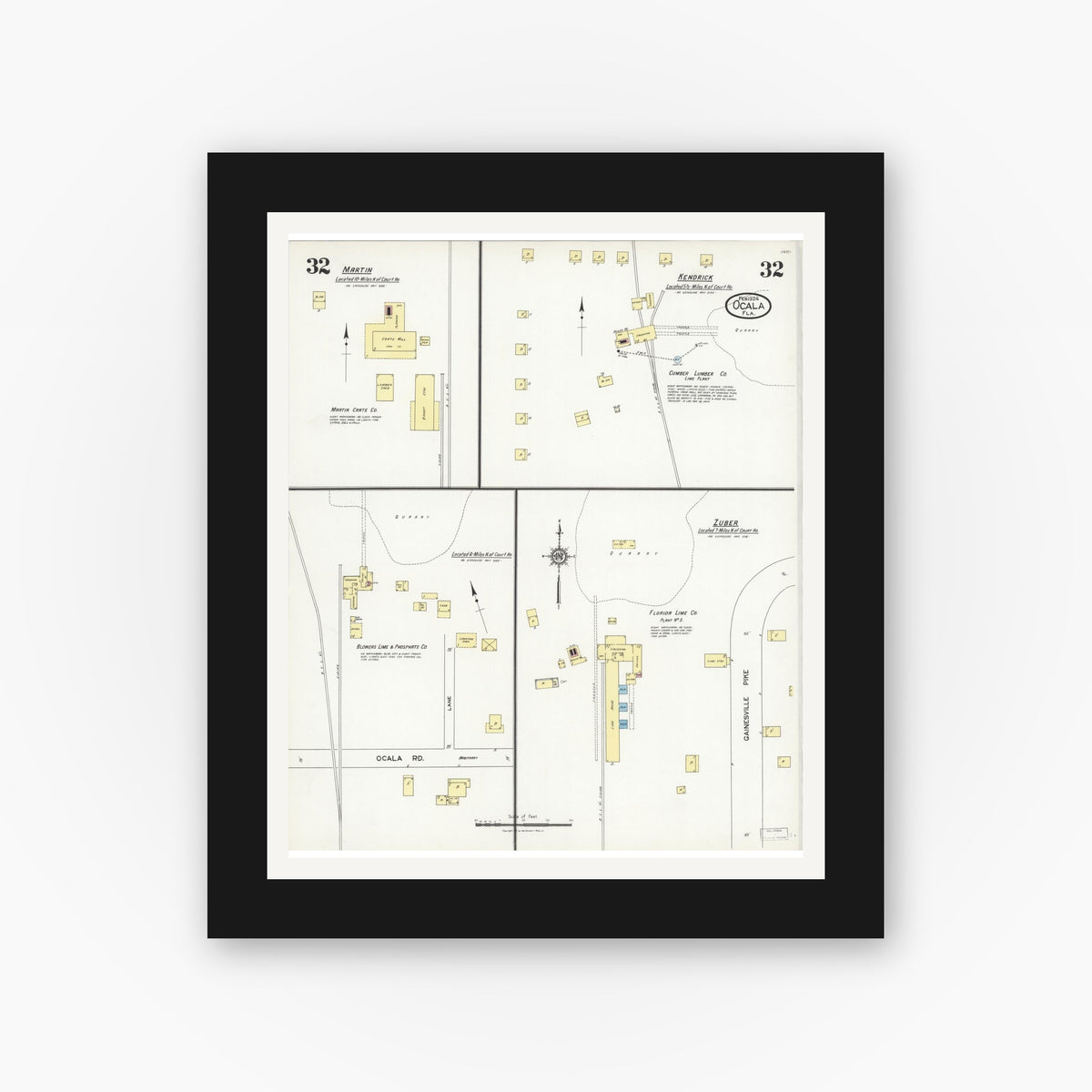Old map wall art mockup — black gallery frame with white mat — Sanborn Fire Insurance Map from Ocala, Marion County, Florida (1924), Sheet #0032
