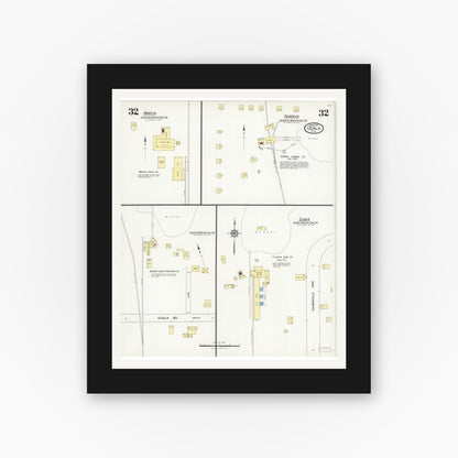 Old map wall art mockup — black gallery frame with white mat — Sanborn Fire Insurance Map from Ocala, Marion County, Florida (1924), Sheet #0032