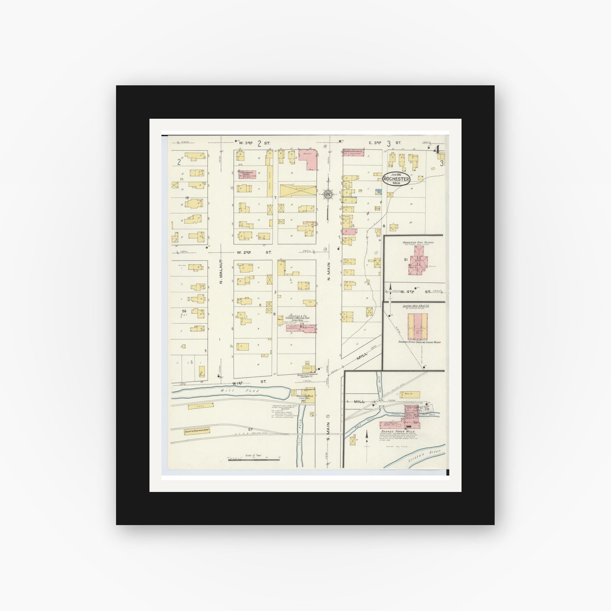 Old map wall art mockup — black gallery frame with white mat — Sanborn Fire Insurance Map from Rochester, Oakland County, Michigan (1916), Sheet #0004