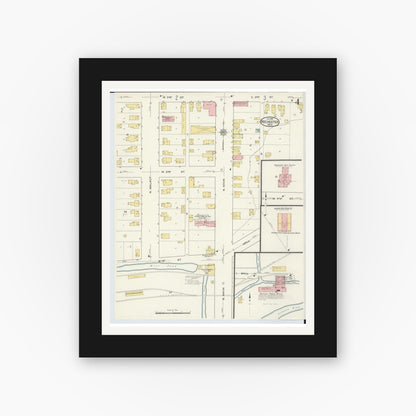 Old map wall art mockup — black gallery frame with white mat — Sanborn Fire Insurance Map from Rochester, Oakland County, Michigan (1916), Sheet #0004