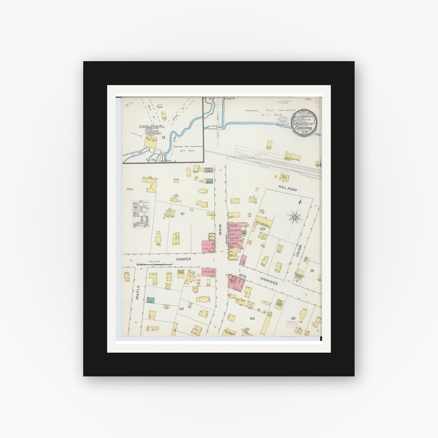 Old map wall art mockup — black gallery frame with white mat — Sanborn Fire Insurance Map from Concord, Jackson County, Michigan (1893), Sheet #0001